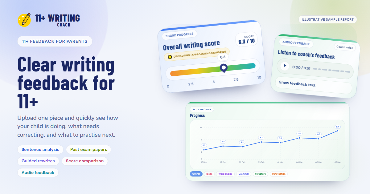 11 Plus Writing Coach preview showing creative writing feedback cards and score summaries