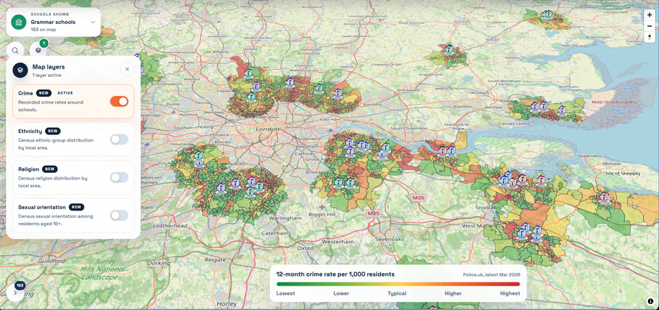 Grammar School Hub map showing the crime-rate layer active around London and south-east England