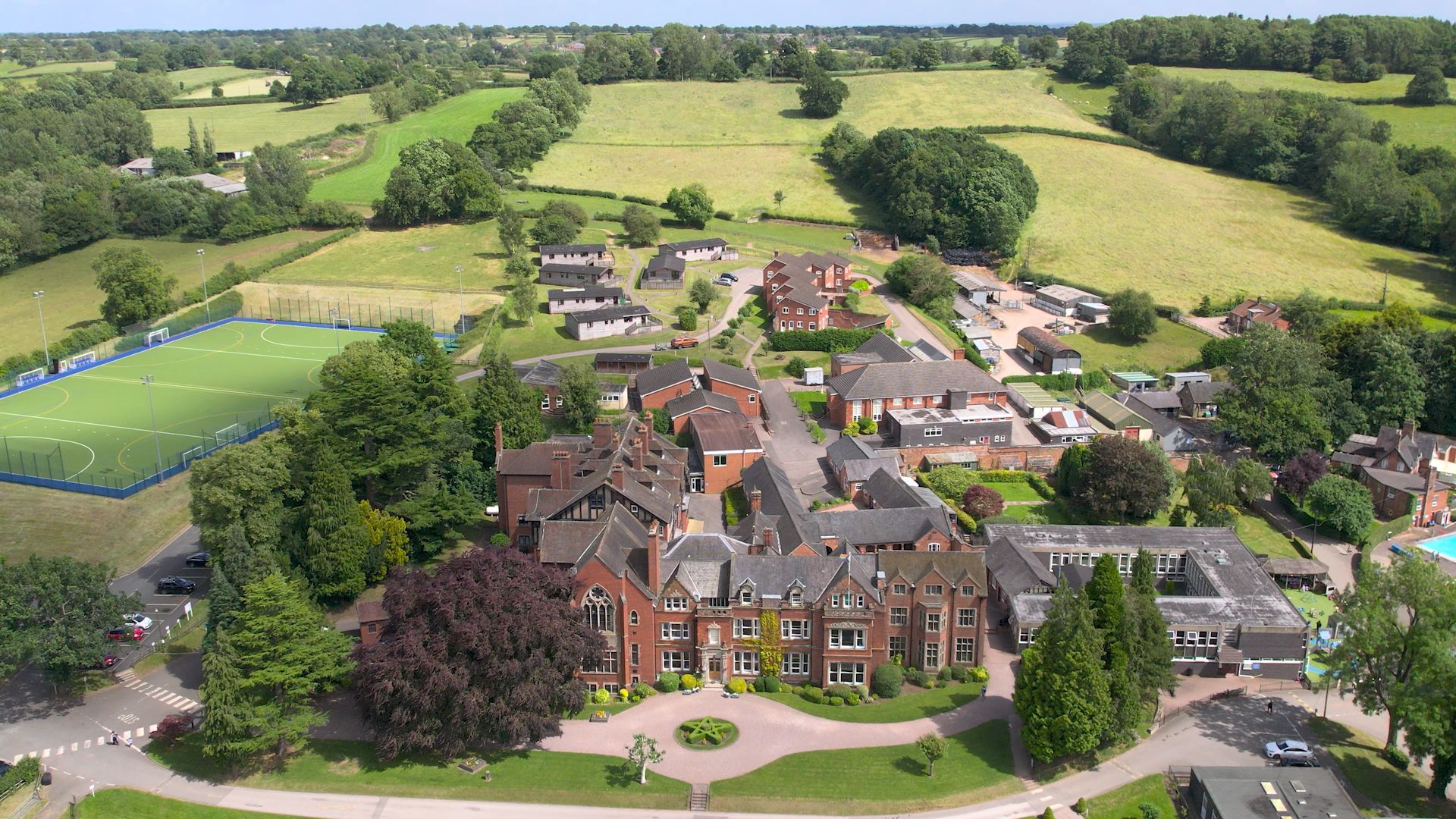 Aerial view of Abbotsholme School buildings and rural campus