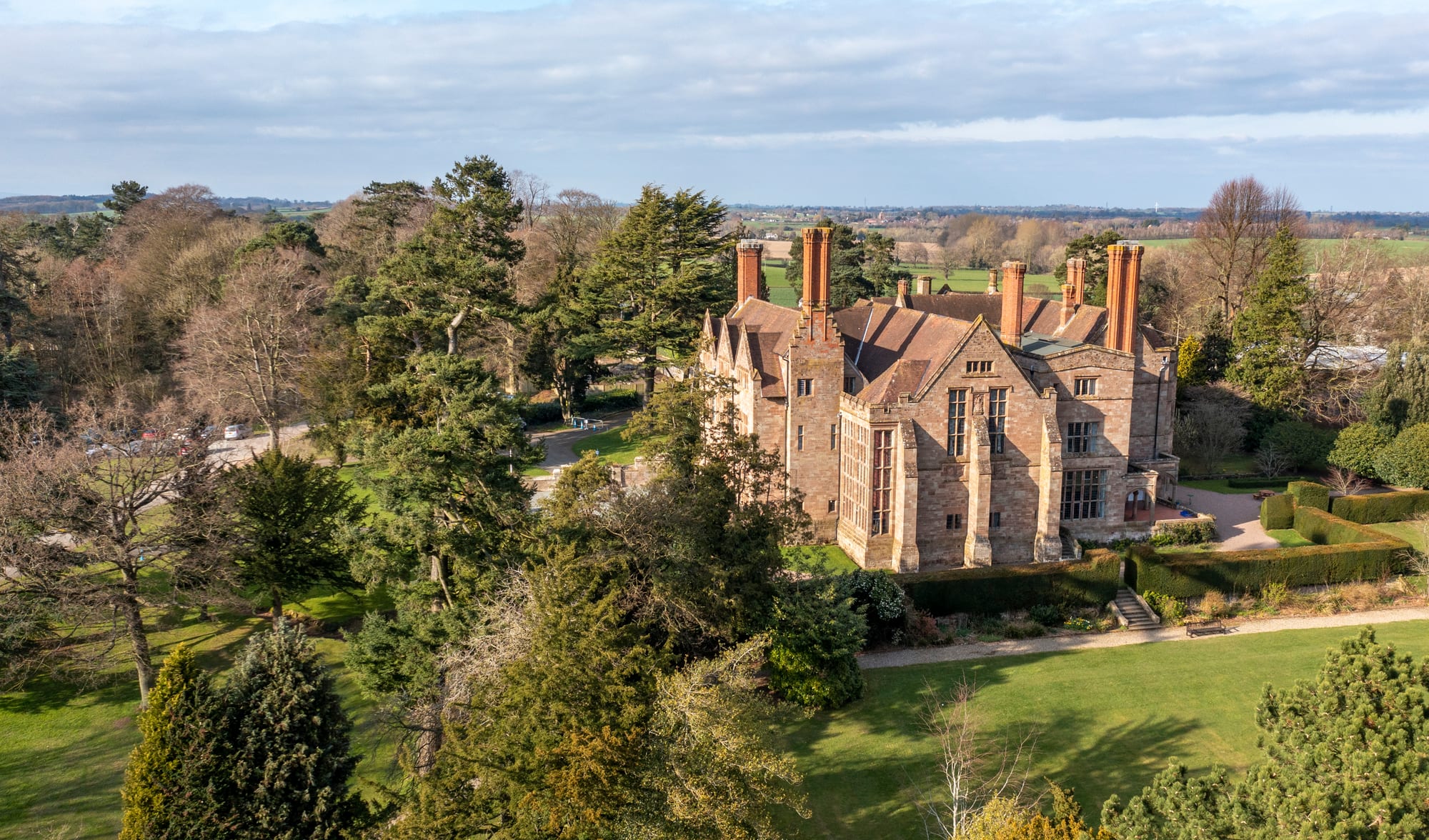 Aerial view of Adcote House and its Shropshire grounds