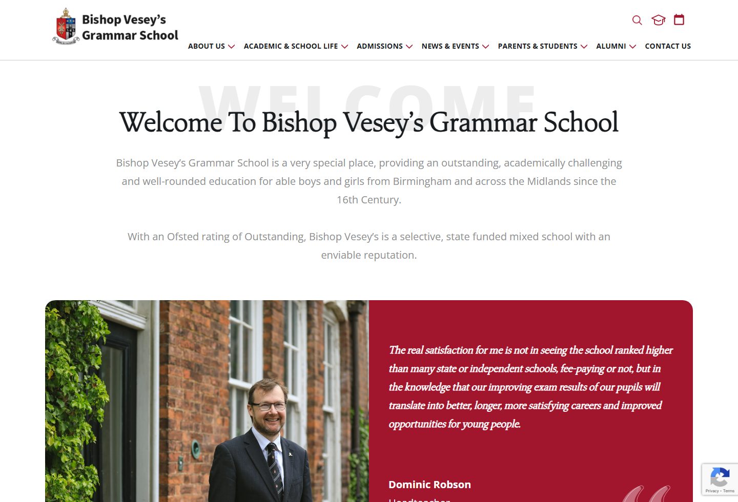 Bishop Vesey's Grammar School homepage screenshot