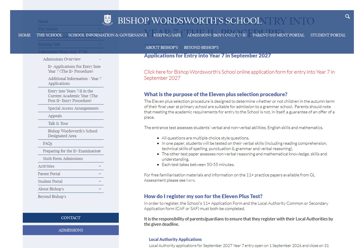 Bishop Wordsworth's Church of England Grammar School homepage screenshot