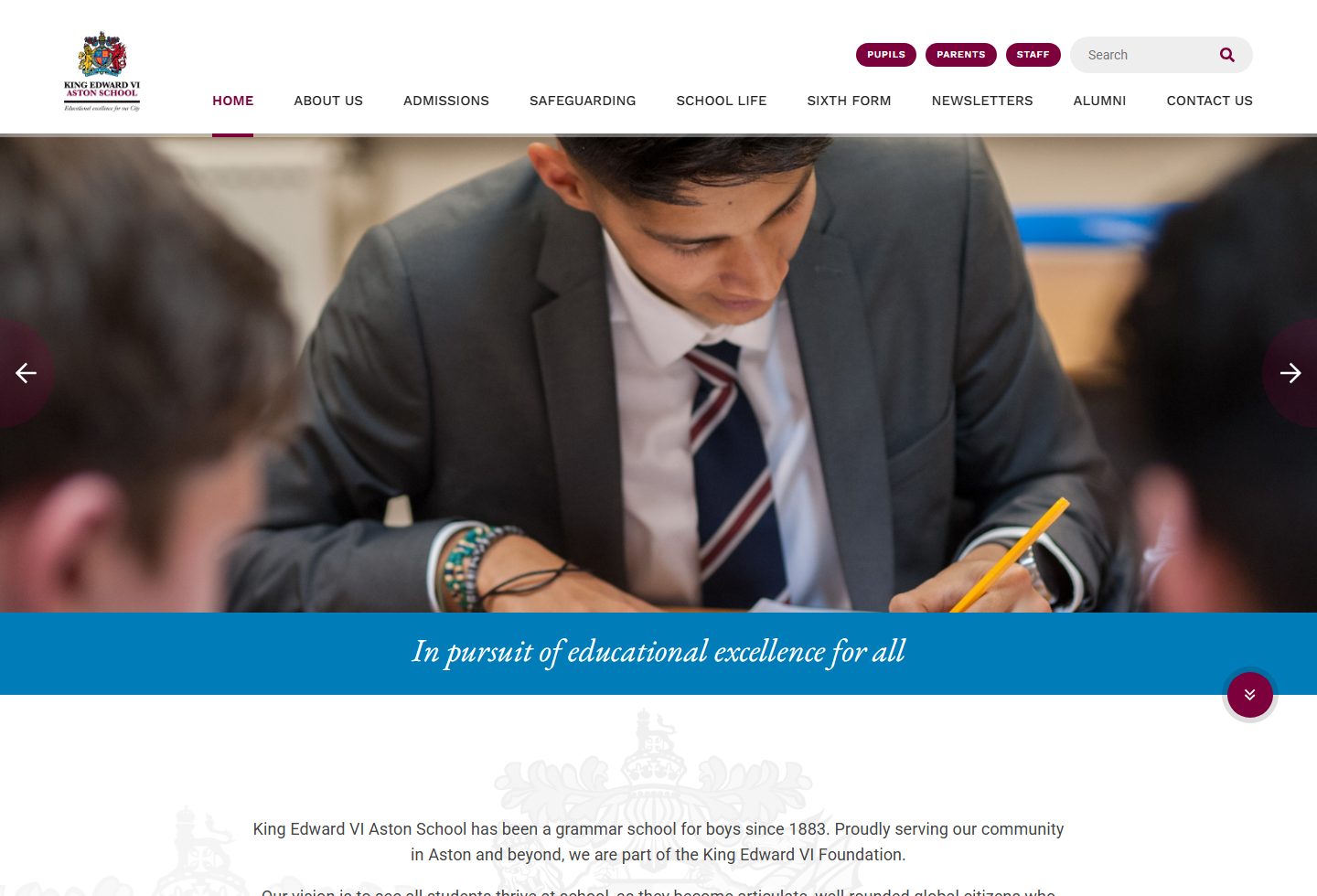 King Edward VI Aston School homepage screenshot