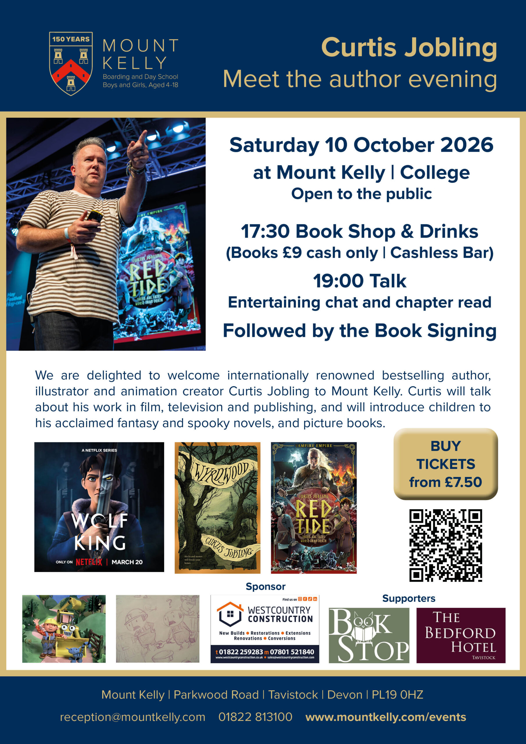 Poster announcing Curtis Jobling visit: Meet the author evening at Mount Kelly College on Sat 10 Oct 2026, with book signing details on right panel.