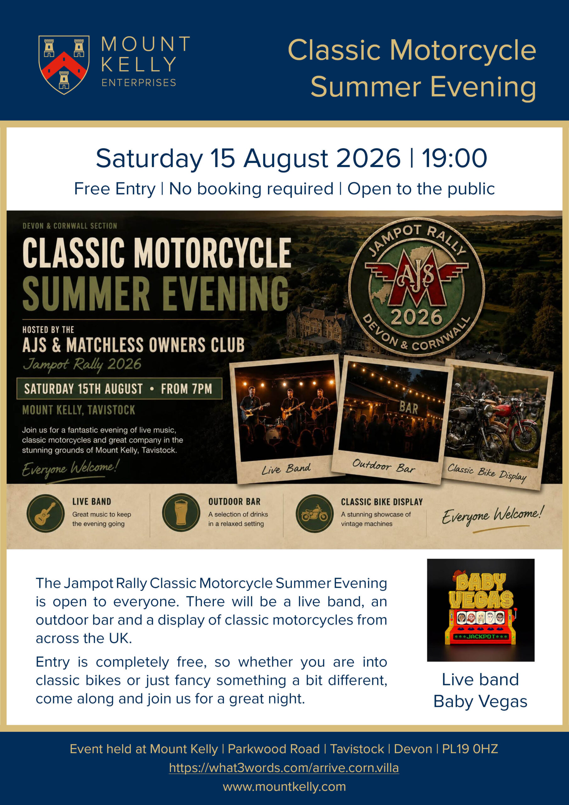 Poster promoting the Classic Motorcycle Summer Evening at Mount Kelly, showing event date and open-to-public entry (Sat 15 August 2026, 19:00).