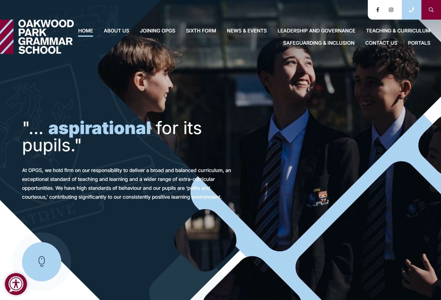 Oakwood Park Grammar School homepage screenshot
