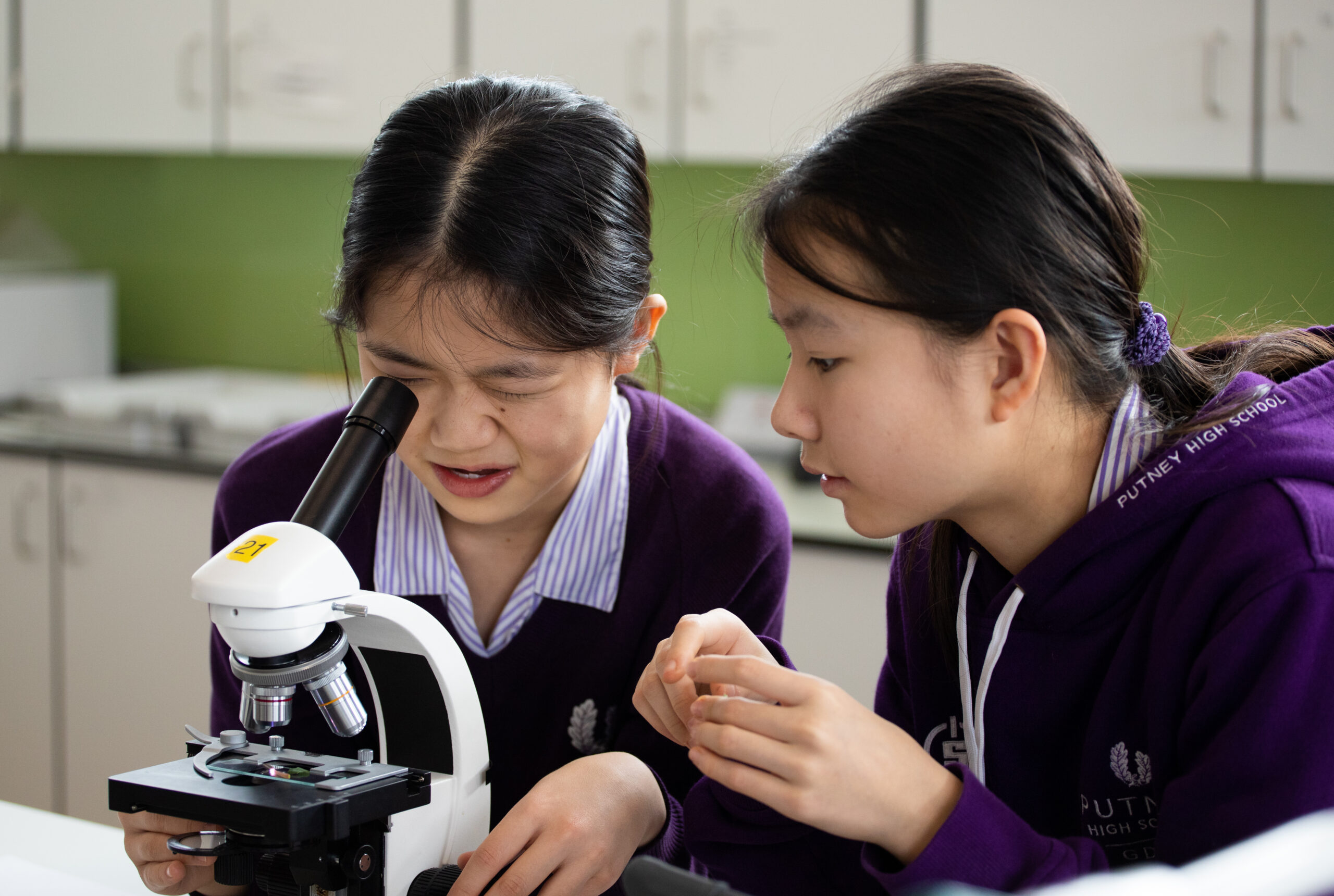 Putney High School pupils using a microscope in a science lesson