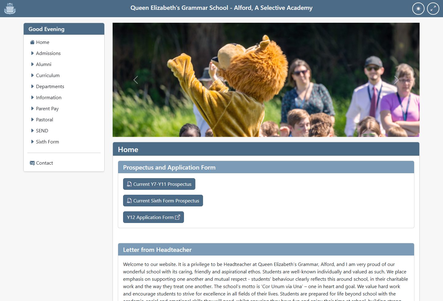 Queen Elizabeth's Grammar Alford - A Selective Academy homepage screenshot