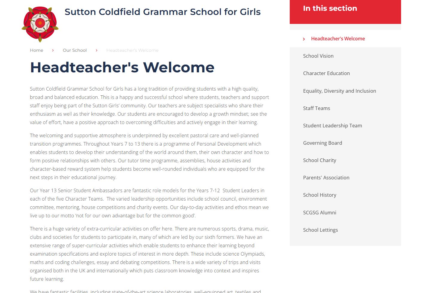 Sutton Coldfield Grammar School for Girls homepage screenshot
